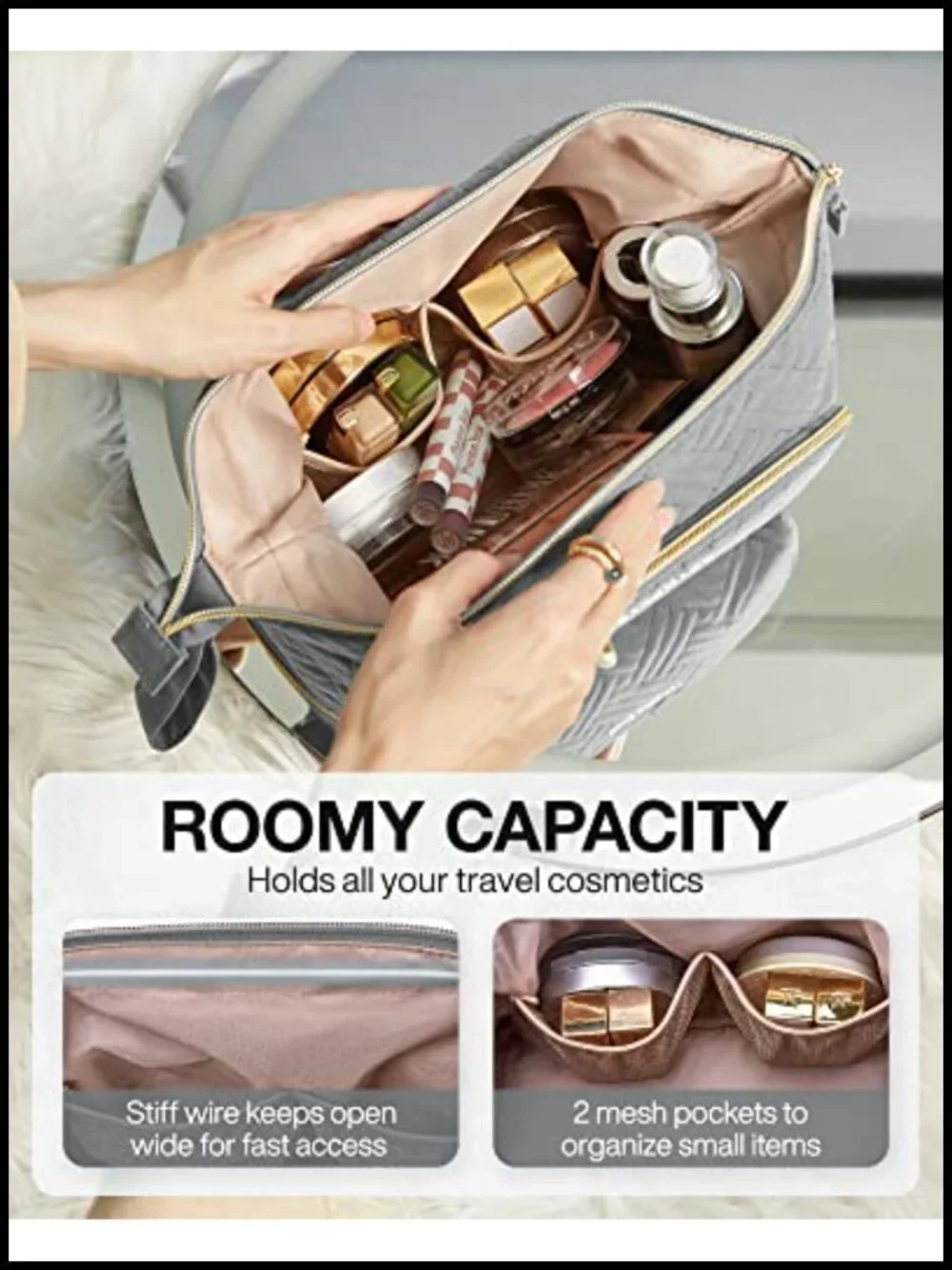 Travel Makeup Bag Cosmetic Organizer Case Wide-Open Pouch Double Layers